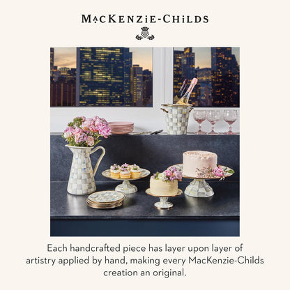 MACKENZIE-CHILDS Enamel Pedestal Platter, Round Cake Stand, Large, Black-and-White Courtly Check