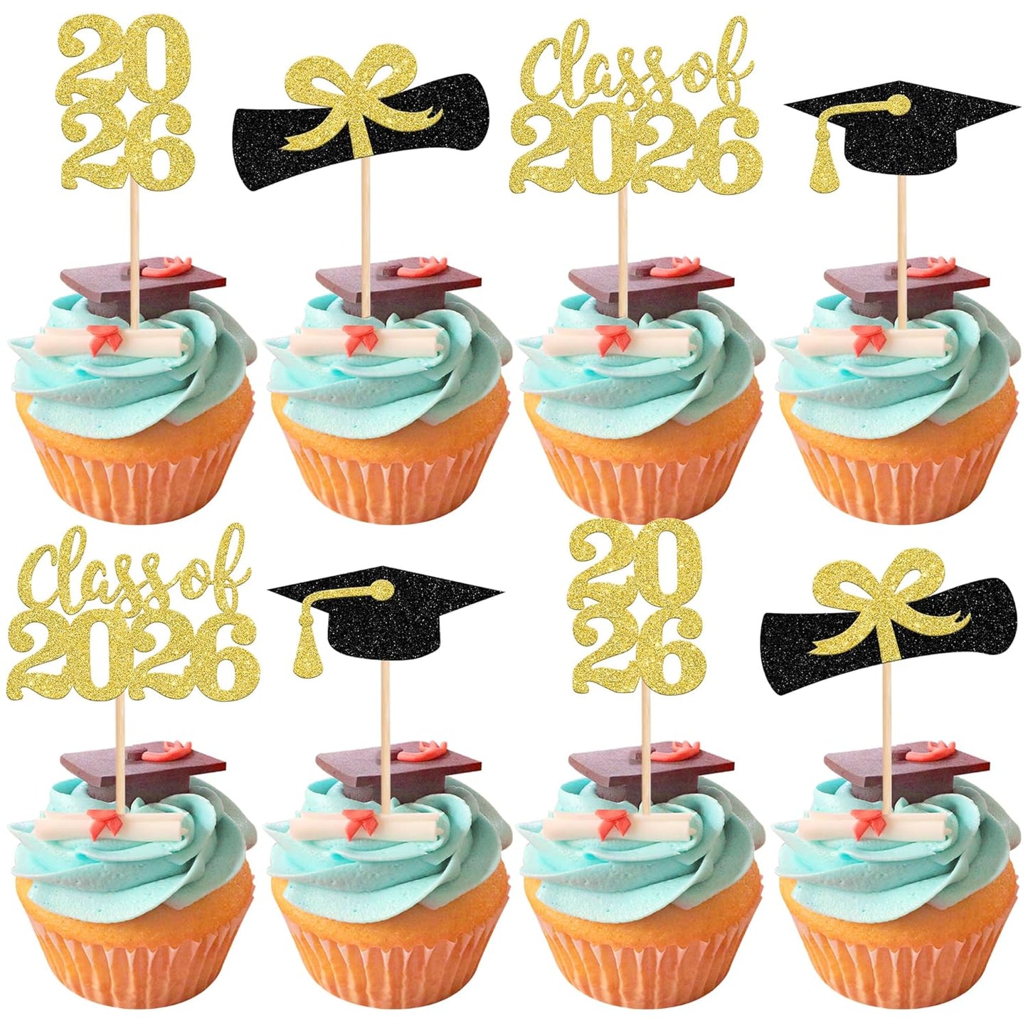 36 PCS 2026 Graduation Theme Cupcake Toppers Glitter Class of 2026 Grad Cap Diploma Cupcake Picks 2026 Graduation Theme Party Cake Decorations Supplies Deep Blue