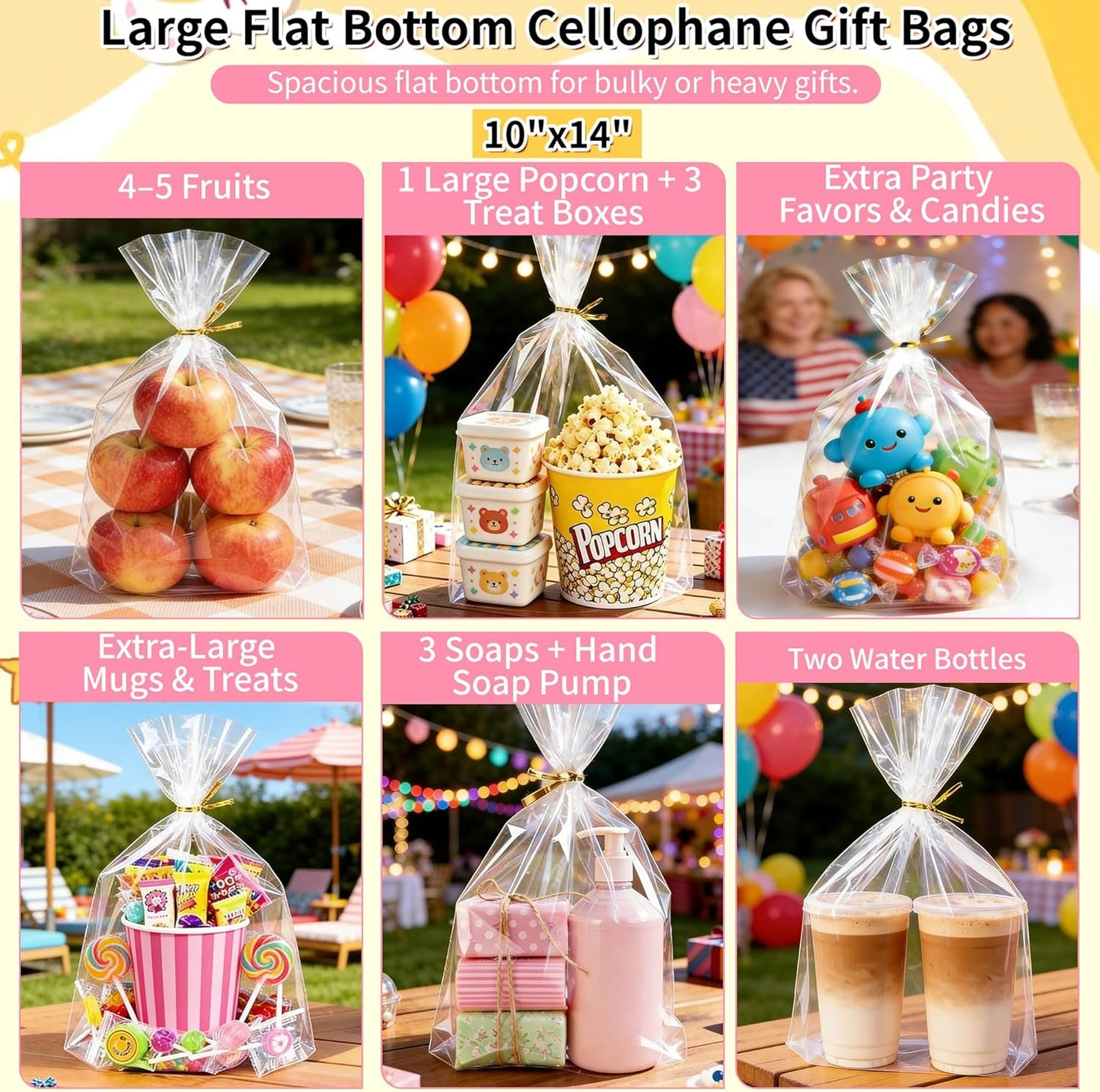 Soarvita 7x10 Inch Cellophane Treat Bags, 50 Pcs Clear Gift Bags with Bottom Gusset for Stand-Up Display, Cellophane Gift Wrap with 60 Gold Ties for Goodies, Treats, Candy, Party Favors, Toys