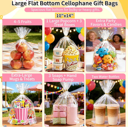 Soarvita 7x10 Inch Cellophane Treat Bags, 50 Pcs Clear Gift Bags with Bottom Gusset for Stand-Up Display, Cellophane Gift Wrap with 60 Gold Ties for Goodies, Treats, Candy, Party Favors, Toys