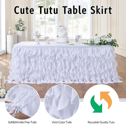 leegleri 6FT Tulle Ruffle Curly Willow Table Skirt for Rectangle or Round Tables, Under The Sea Ocean Blue Baby Shark Themed Tutu Table Skirt for Baby Shower, Birthday Party