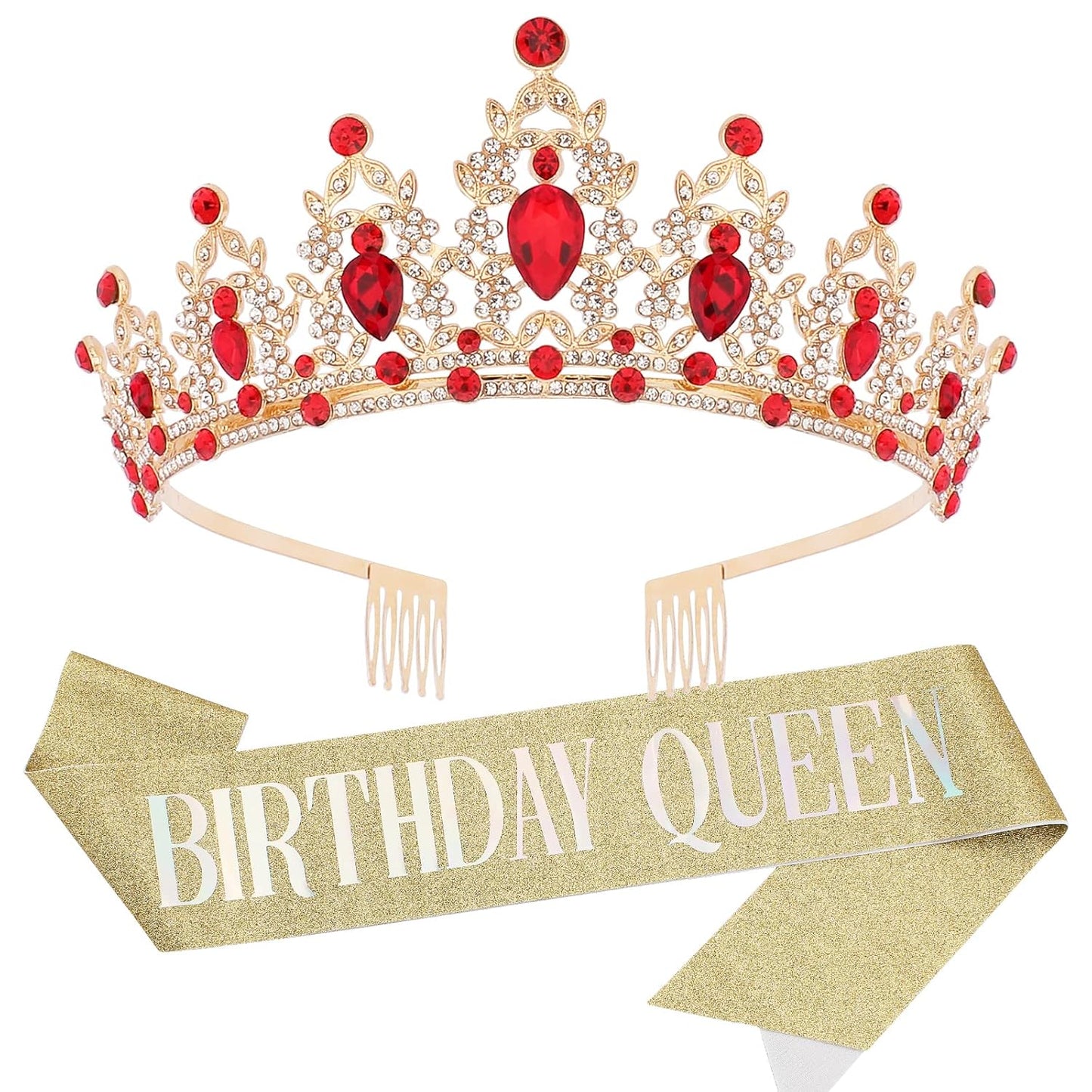 CAVETEE Red Black Birthday Crown and Sash for Women Sash & Rhinestone Tiara Set Red and Black Party Decorations Birthday Queen Crowns Tiaras for Women