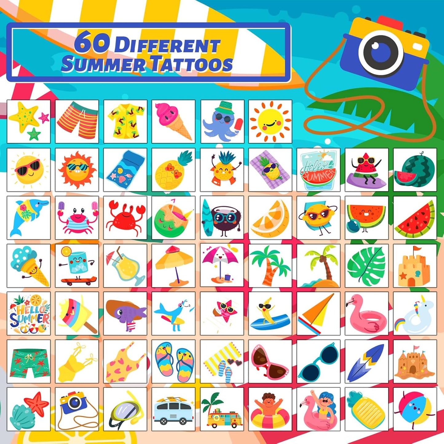 winthrop 240 Pcs Bulk Summer Temporary Tattoos for Kids, Individually Wrapped Safety Waterproof Tattoos, Best Choice for Hawaiian Luau Party Pool Beach Party Favors Classroom Matching Game, 60 Designs