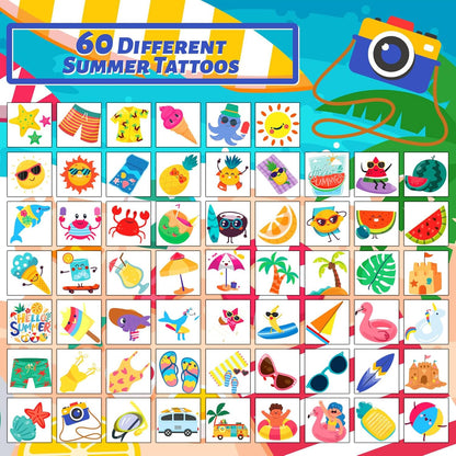 winthrop 240 Pcs Bulk Summer Temporary Tattoos for Kids, Individually Wrapped Safety Waterproof Tattoos, Best Choice for Hawaiian Luau Party Pool Beach Party Favors Classroom Matching Game, 60 Designs