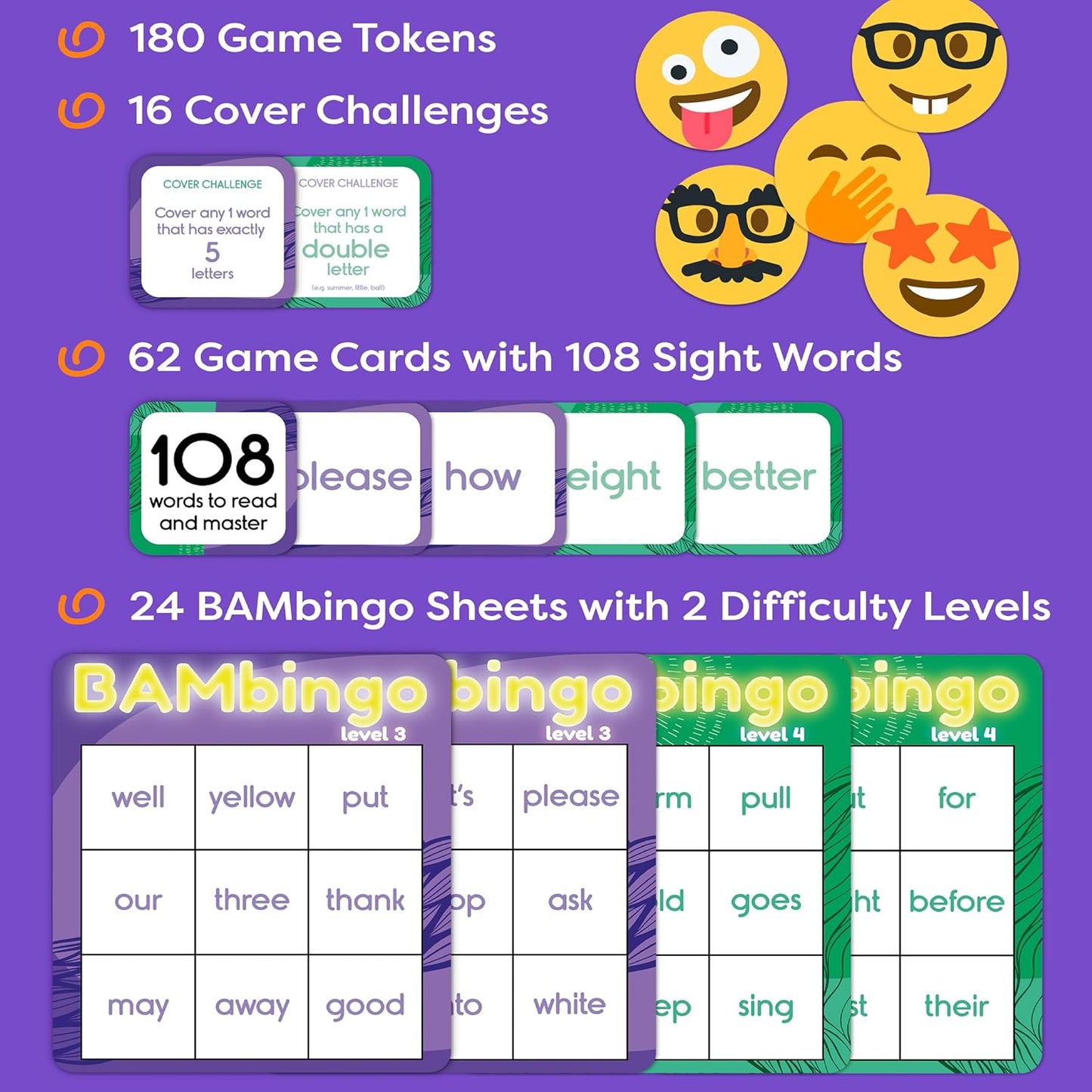 THE BAMBINO TREE Sight Word Bingo Game Level 1 and 2 - Educational Games for Kids - Learn to Read Vocabulary for Kindergarten 1st Grade - Dolch's Fry's Words Lists