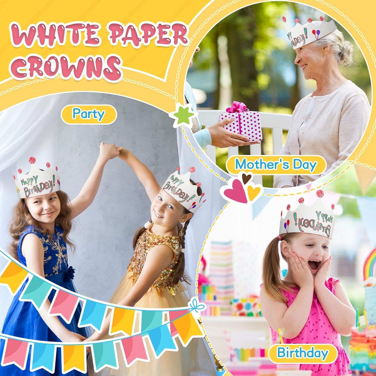 Jetec 50 Pcs White Paper Crowns Kids DIY Birthday Crowns for Classroom Birthday Party Hats Decorations Baby Shower Supplies (Traditional)