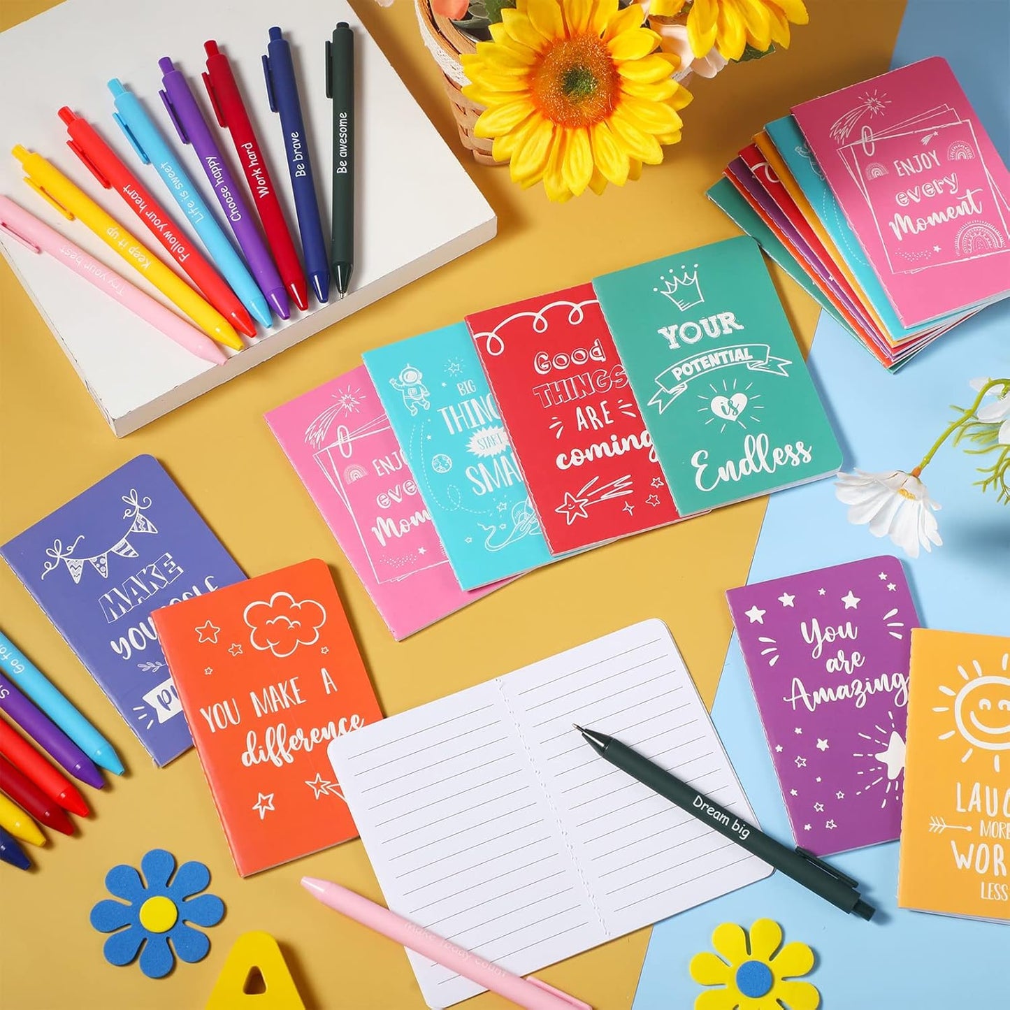 Funrous 32 Pcs Motivational Quote Pens Inspirational Notepads Mini Journal with Ballpoint Pen Small Notebooks Gift for Men Women Coworker Adult Party Favors Prize Teacher Student Office(Stylish)