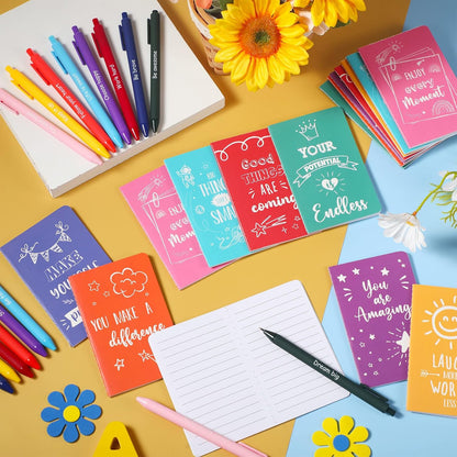Funrous 32 Pcs Motivational Quote Pens Inspirational Notepads Mini Journal with Ballpoint Pen Small Notebooks Gift for Men Women Coworker Adult Party Favors Prize Teacher Student Office(Stylish)