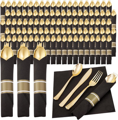 Supernal 240 Silver Plastic Silverware Set - 60 Sets Pre Rolled Napkins with Cutlery - Mirror Polished Real Look Disposable Silver Utensils- Elegant Heavy Duty Flatware for Weddings & Catering