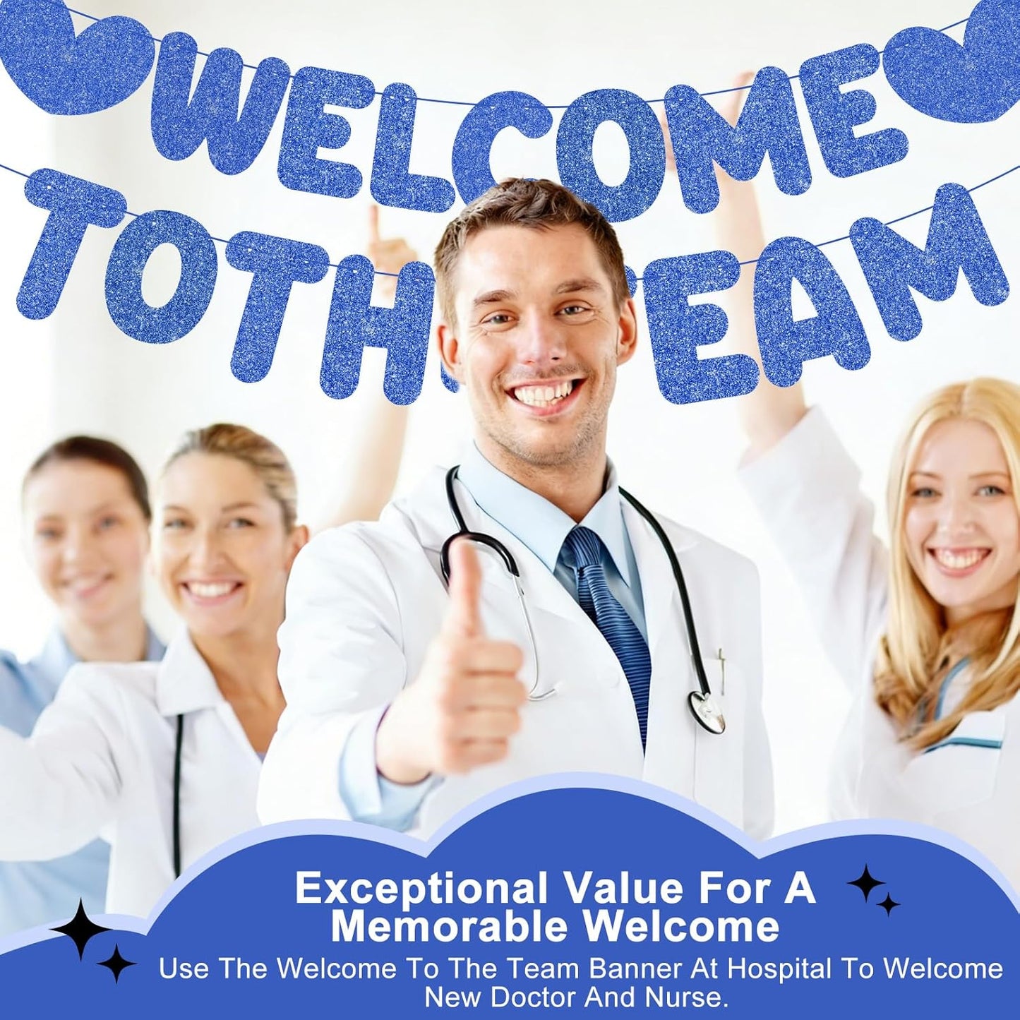 Welcome to the Team Banner, Navy Blue Welcome Sign, Glitter DIY Welcomes Banner for Office, Perfect Welcomes Party Supplies for New Employee, Coworker, Colleague, Staff, Includes Stringing Tool