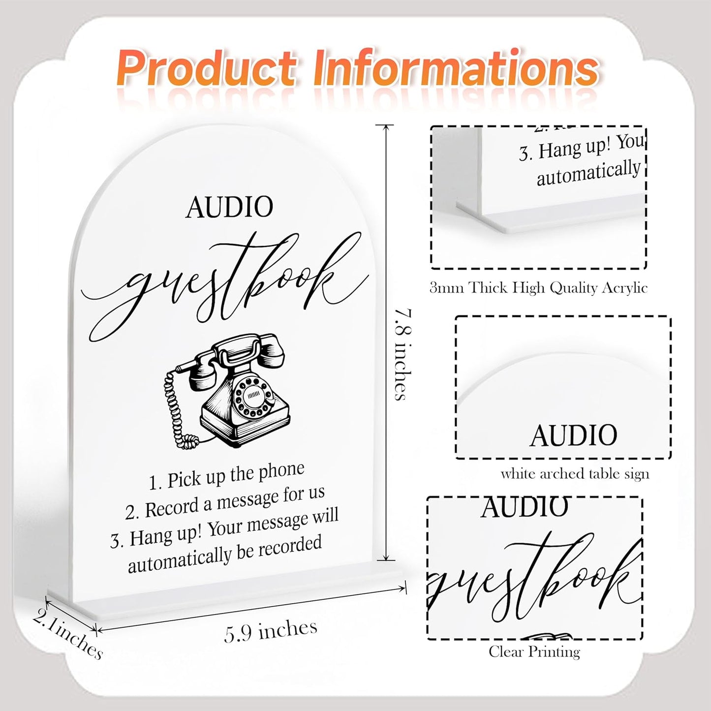 Audio Guest Book Sign, White Arch Acrylic Wedding Sign, Audio Guest Book Wedding Phone, Bridal Shower Decor, Engagement Party Decor, Centerpiece Table Decorations Party for Bride and Groom-14