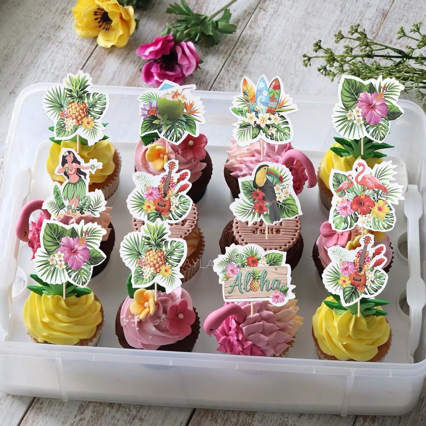 28 PCS Tropical Cupcake Toppers Glitter Leaf Pineapple Flower Palm Tree Flamingo Cupcake Picks Aloha Cake Decorations for Summer Hawaiian Luau Theme Baby Shower Birthday Wedding Party Supplies