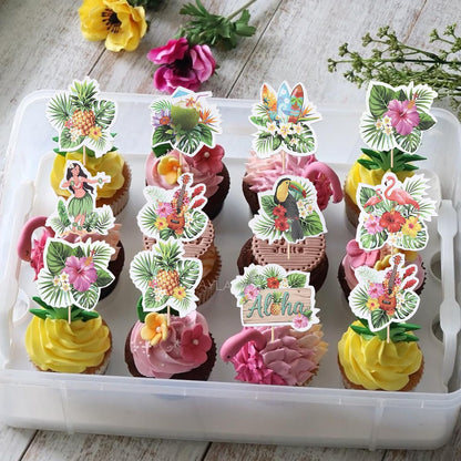 28 PCS Tropical Cupcake Toppers Glitter Leaf Pineapple Flower Palm Tree Flamingo Cupcake Picks Aloha Cake Decorations for Summer Hawaiian Luau Theme Baby Shower Birthday Wedding Party Supplies
