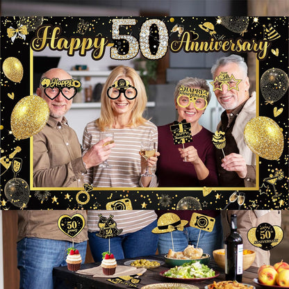 50th Wedding Anniversary Decorations Black Gold 50th Wedding Anniversary Party Photo Booth Props and Selfie Frame Silver Happy 50 Years Anniversaries Party Supplies for Women Men Cheers to 50 Years