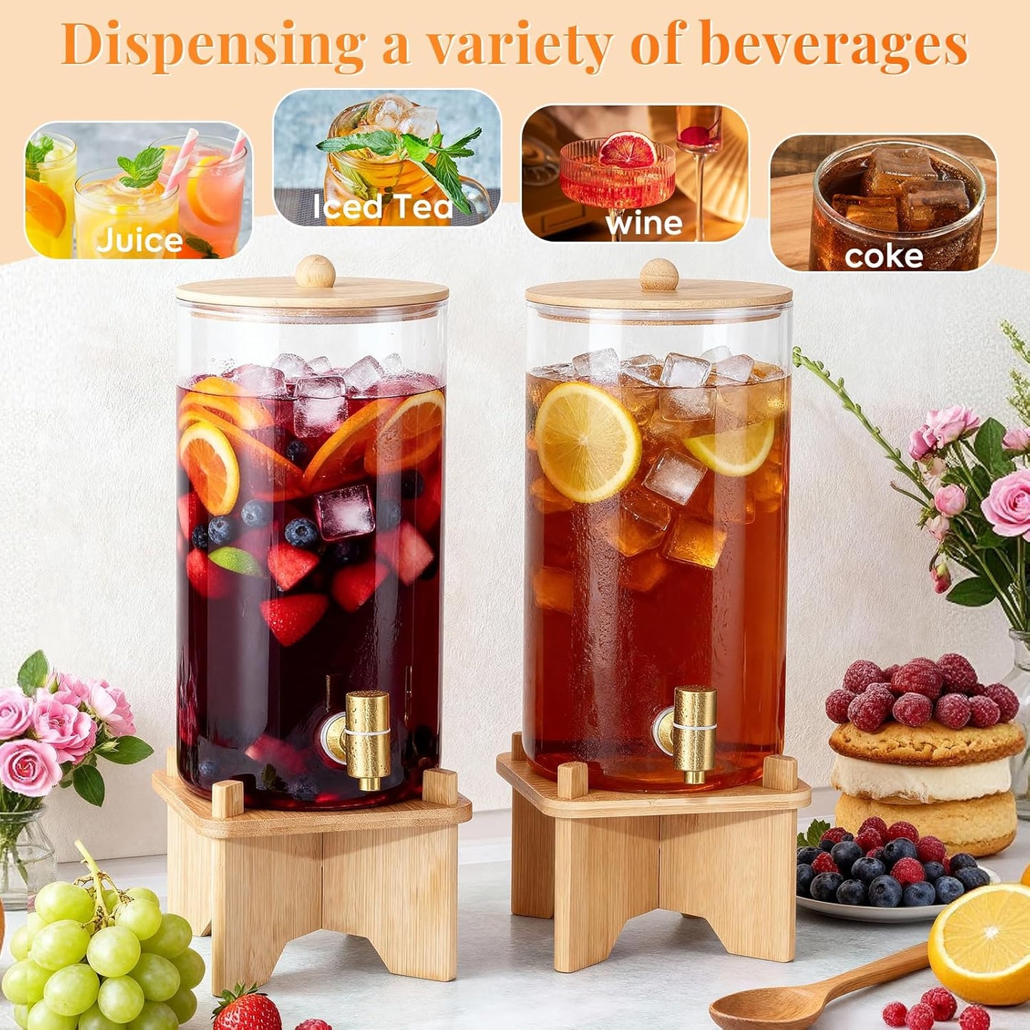 FavorFlavor Glass Drink Dispenser for Parties:2PCS 1.5 Gallon Large Beverage Dispenser with Stand,Water Lemonade Dispenser with Stainless Steel Spigot,Ideal for Dispensing Juice, Beverages, Sun Tea