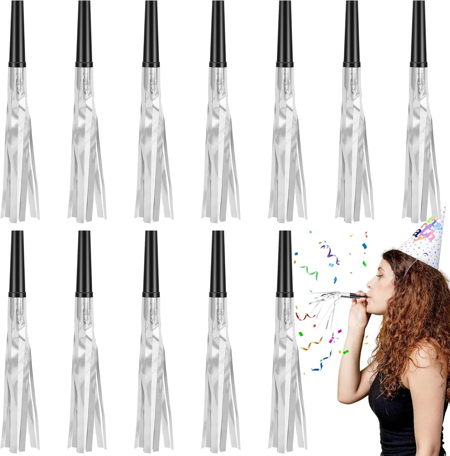 12 Pcs Noise Makers Glitter Metallic Fringed Party Blowers for Birthday New Years Graduation Sporting Events Party Favor Supplies (Mixed Colors)