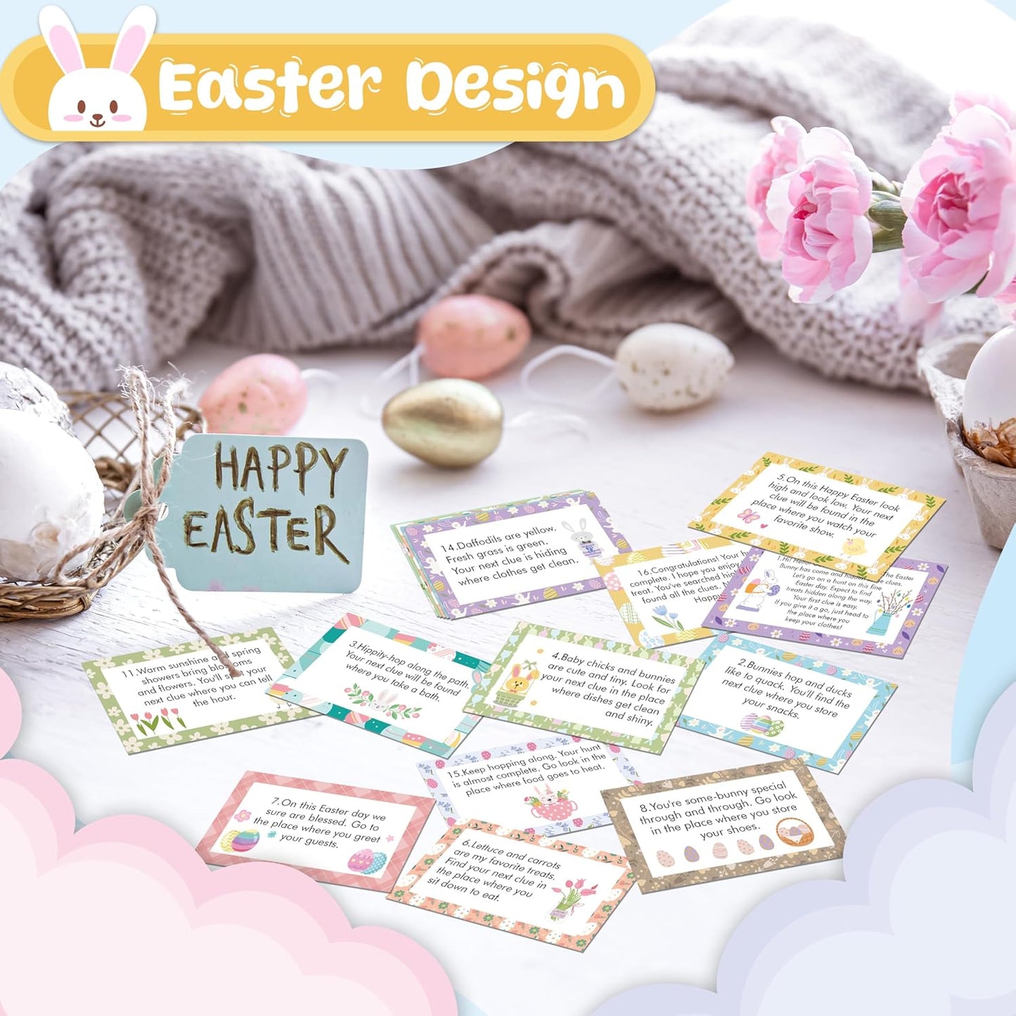 Nature Scavenger Hunt Cards, Bunny Easter Egg Hunt Clue Cards for Adults Family Friends, Spring Camping Treasure Riddle Party Game Indoor Activities - A01