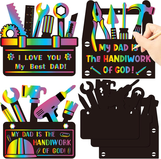 CY2SIDE 60PCS Father’s Day Tool Box Scratch Card Ornament Gift for Dad DIY Christian Tool Box Scratch Paper Art for Kids Sunday School Activity Magic Art Rainbow Color Craft Religious Hanging Decor
