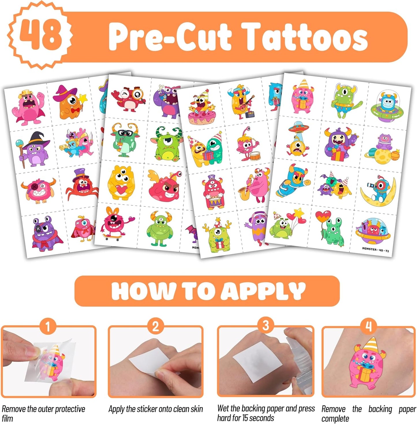 72PCS Monster Party Set - 48PCS Temporary Tattoos & 24PCS Slap Bracelets - Fun Monster-Themed Birthday Supplies, Baby Shower Gifts, Classroom Rewards & Party Decorations for Kids (Boys & Girls)