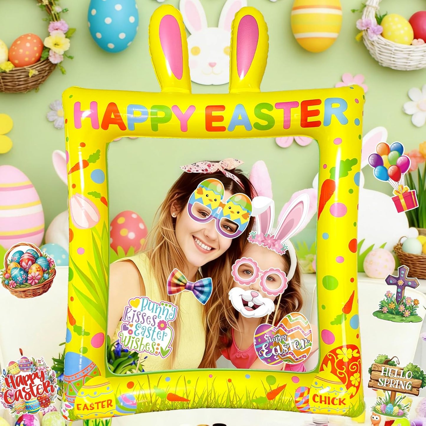 Hawaiian Photo Booth Props & Inflatable Frame, 30Pcs Luau Photobooth Props with Large Inflatable Inflatable Selfie Picture Frame for Summer Tropical Aloha Luau Party Selfie Supplies