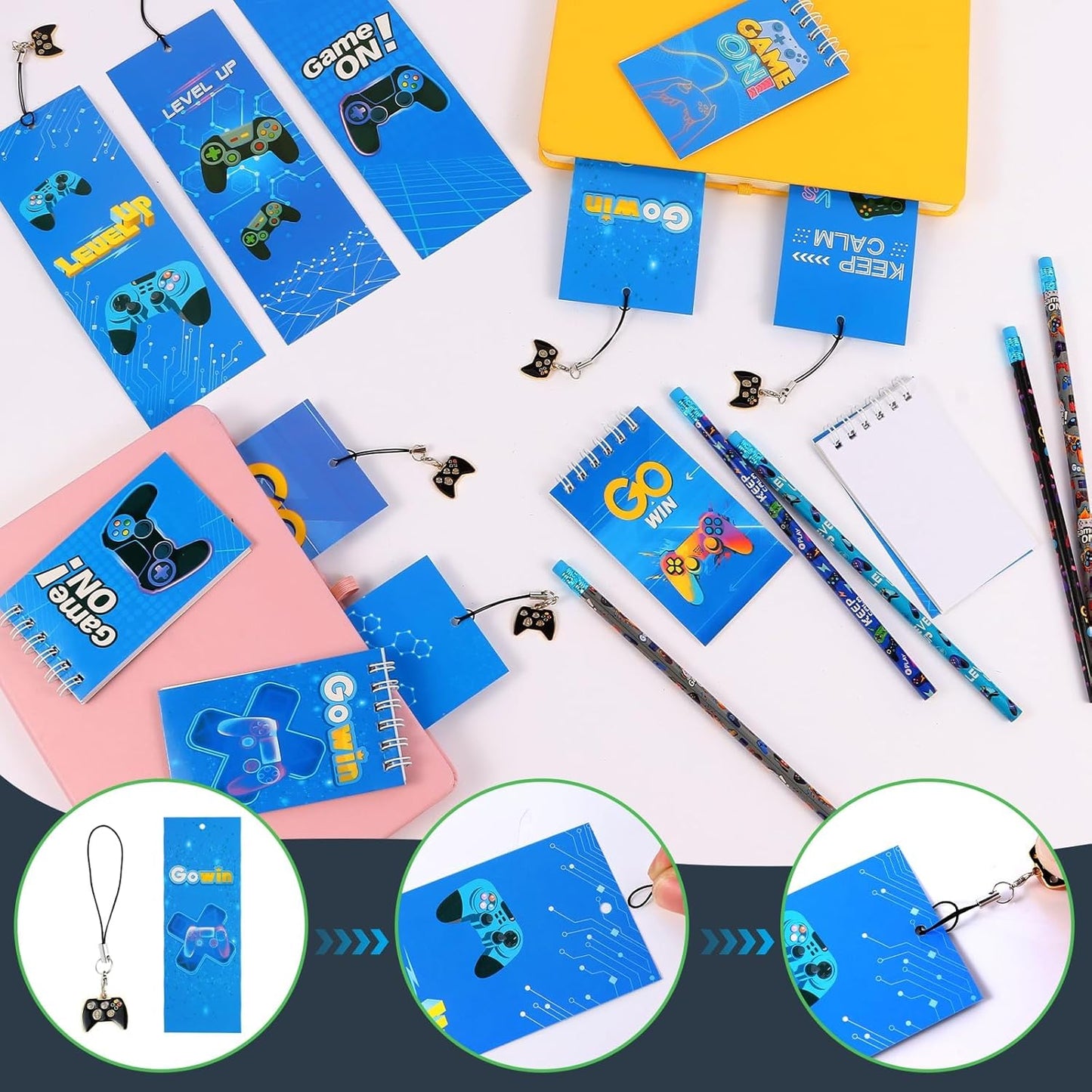 Kolewo4ever 148 Pieces Video Game Theme Stationery Set:100 Pcs Video Game Pencils 24 Pcs Game Pattern Mini Spiral Notepad Memo Pad 24 Pcs Game Metal Charms Bookmarks (Video Game)