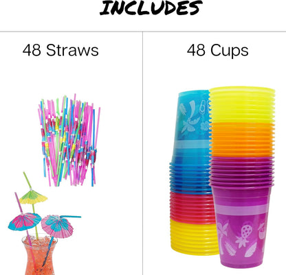 4E's Novelty 48 Packs Tropical Party Cups with Parasol Straws - Disposable Plastic Cups 16oz BPA free, for Hawaiian Luau Party and Pool Parties, Beach Theme Birthday Decorations for Kids & Adults