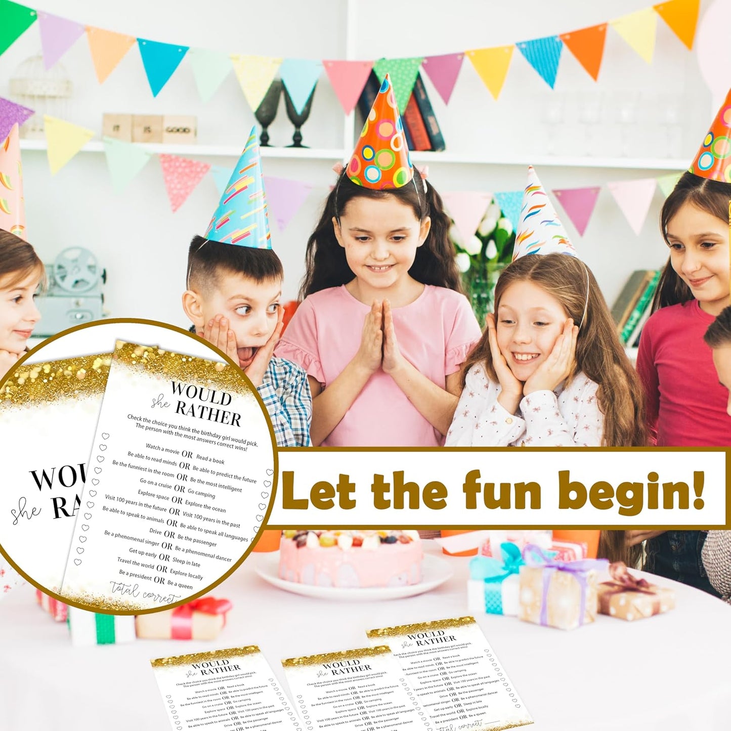 Gold Glitter Birthday Party Game Cards Set, Ever or Never, for Girl Birthdays Supplies, Activity Decorations Double Sided Set of 30 Pcs