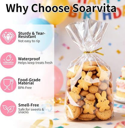 Soarvita 7x10 Inch Cellophane Treat Bags, 50 Pcs Clear Gift Bags with Bottom Gusset for Stand-Up Display, Cellophane Gift Wrap with 60 Gold Ties for Goodies, Treats, Candy, Party Favors, Toys
