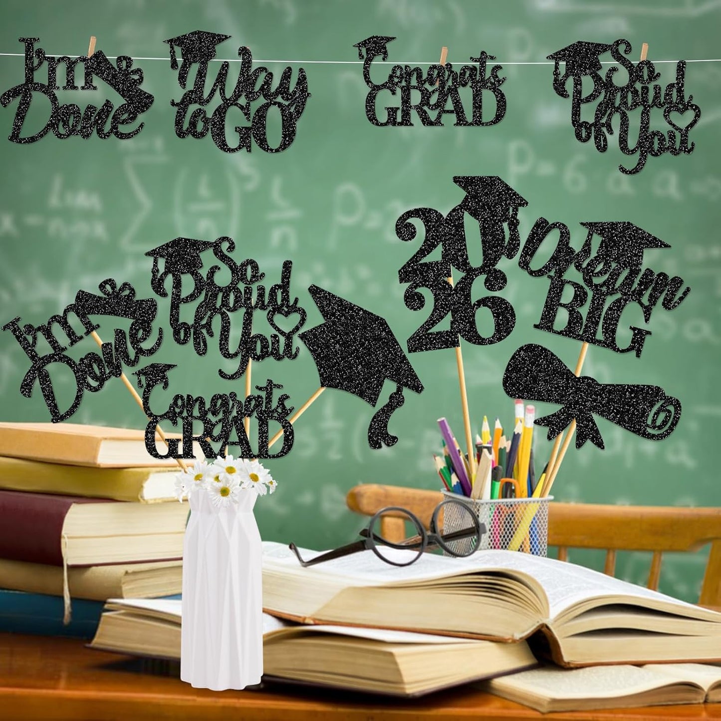 24Pcs Graduation Centerpieces for Tables: 2026 Graduation Centerpiece Sticks Class of 2026 for Grad Table Decorations Congrats Decorations (Black)