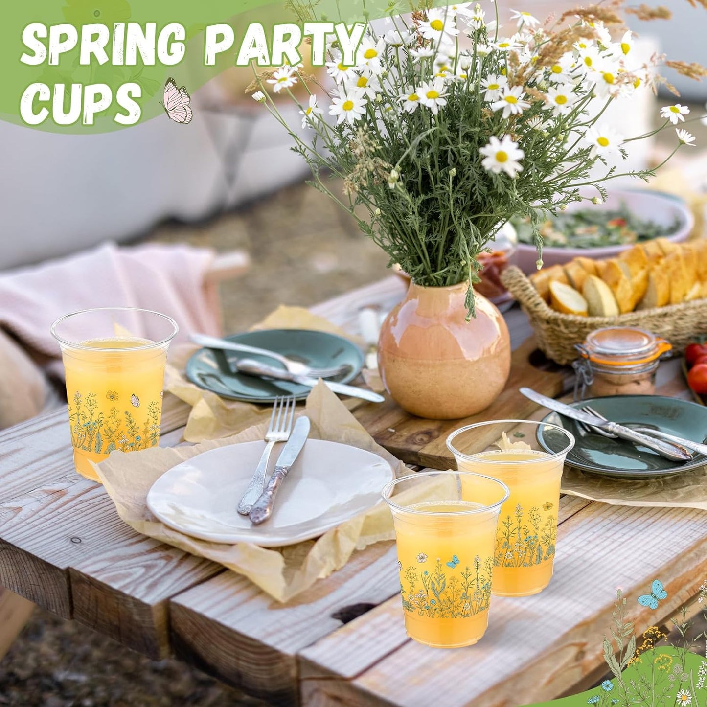 Hushee 60 Pcs Purple Floral Cups with Spring Summer Flower 16 oz Wildflowers Plastic Disposable Drinking Cups for Summer Spring Birthday Baby Shower Wedding Party Supplies