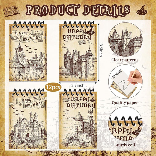 24 Pcs Magical Wizard Notepads Set Spiral Notebooks and Magic Wand Pencils Witch Broom Pencils Castle Magical Wizard School Mini Notepads Small Pocket Journal Goodie Bag Stuffers for Wizard School Classroom Favors Supplies