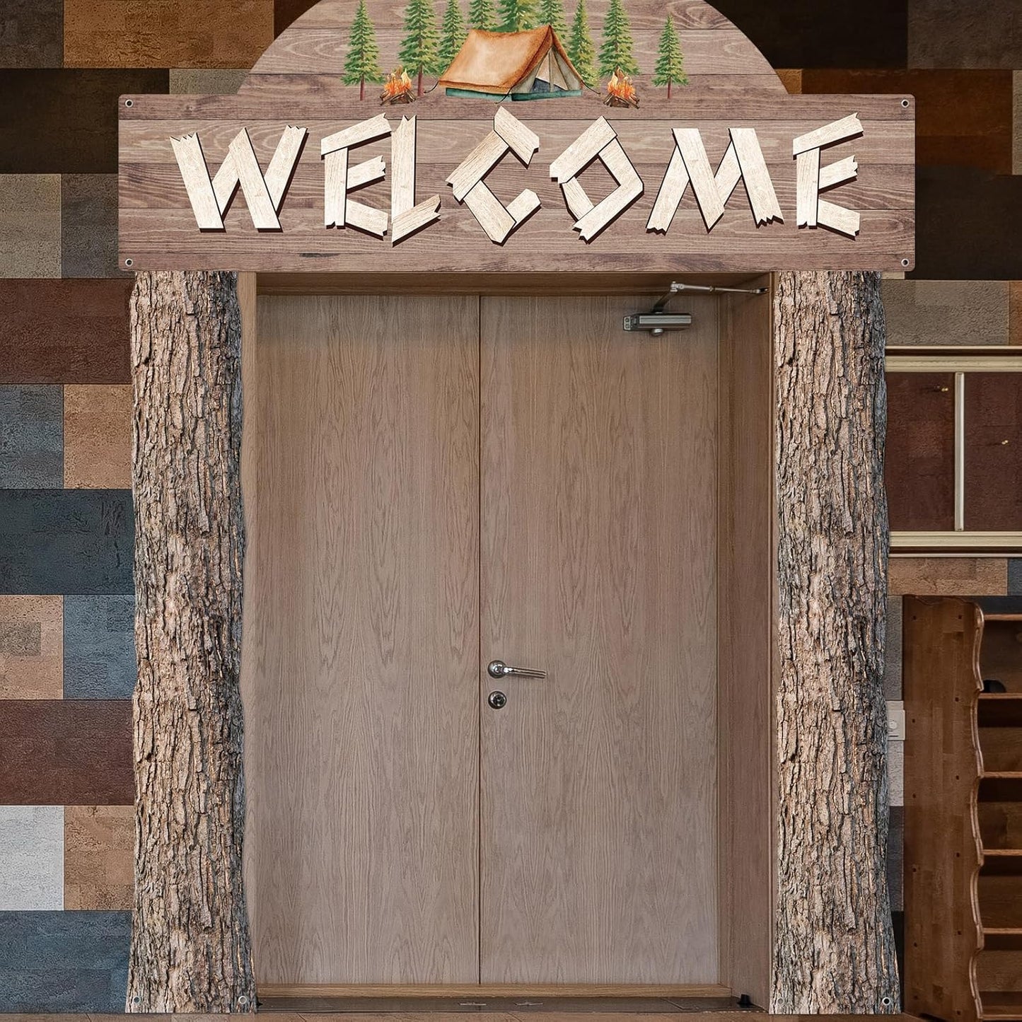 Peryiter 3 Pcs Camping Themed Party Decorations Banner Welcome Porch Sign with 1 Double Sided Tape for Summer Camp Birthday Hawaii Baby Shower Themed Party Activity Decor door (Forest Style)