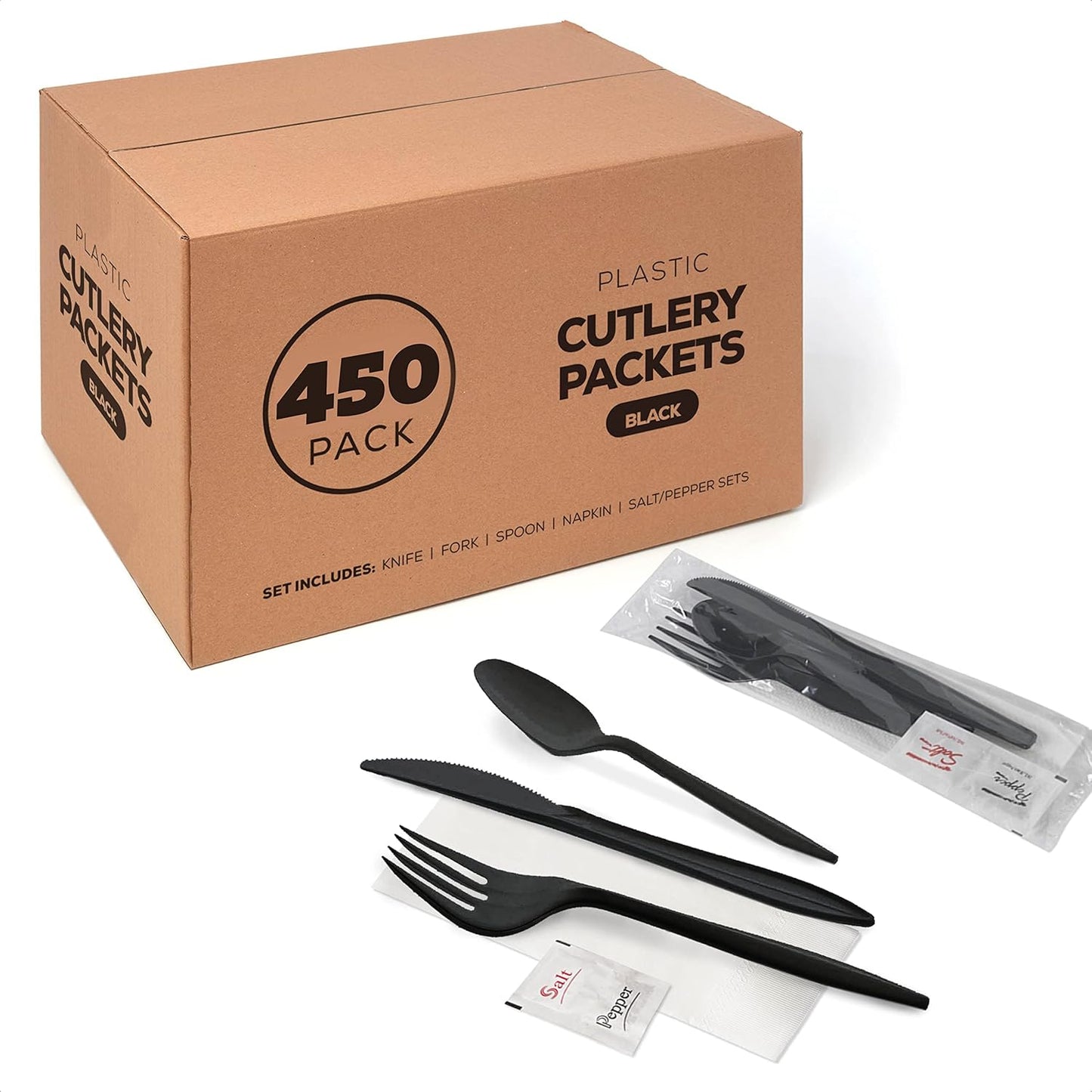 100 Plastic Cutlery Packets - Knife Fork Spoon Napkin Salt Pepper Sets | Black Silverware Sets Individually Wrapped Cutlery Kits, Bulk Plastic Utensil Cutlery Set Disposable To Go Silverware