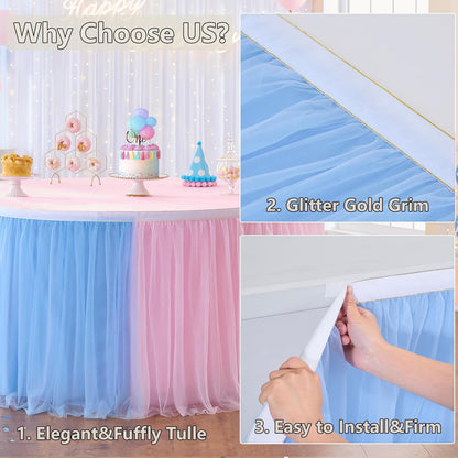 72inch Champagne Gold Tulle Table Skirts for Rectangle Round Tables, Gold Grim Ruffle Tulle Tutu Cloth Table Skirt 6ft for Wedding Birthday Party Cake Dessert Decor(No Top Cover)