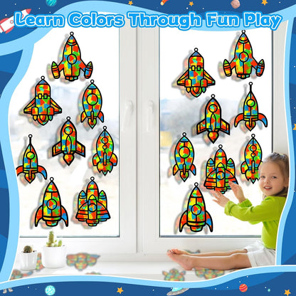 QOUBAI 32 Sets Stars Suncatchers Craft Back to School DIY Stained Glass Window Patriotic 4th of July Paper Craft Home School Classroom Decor Kid Birthday Gift Creative Art Activity Game - Colors A