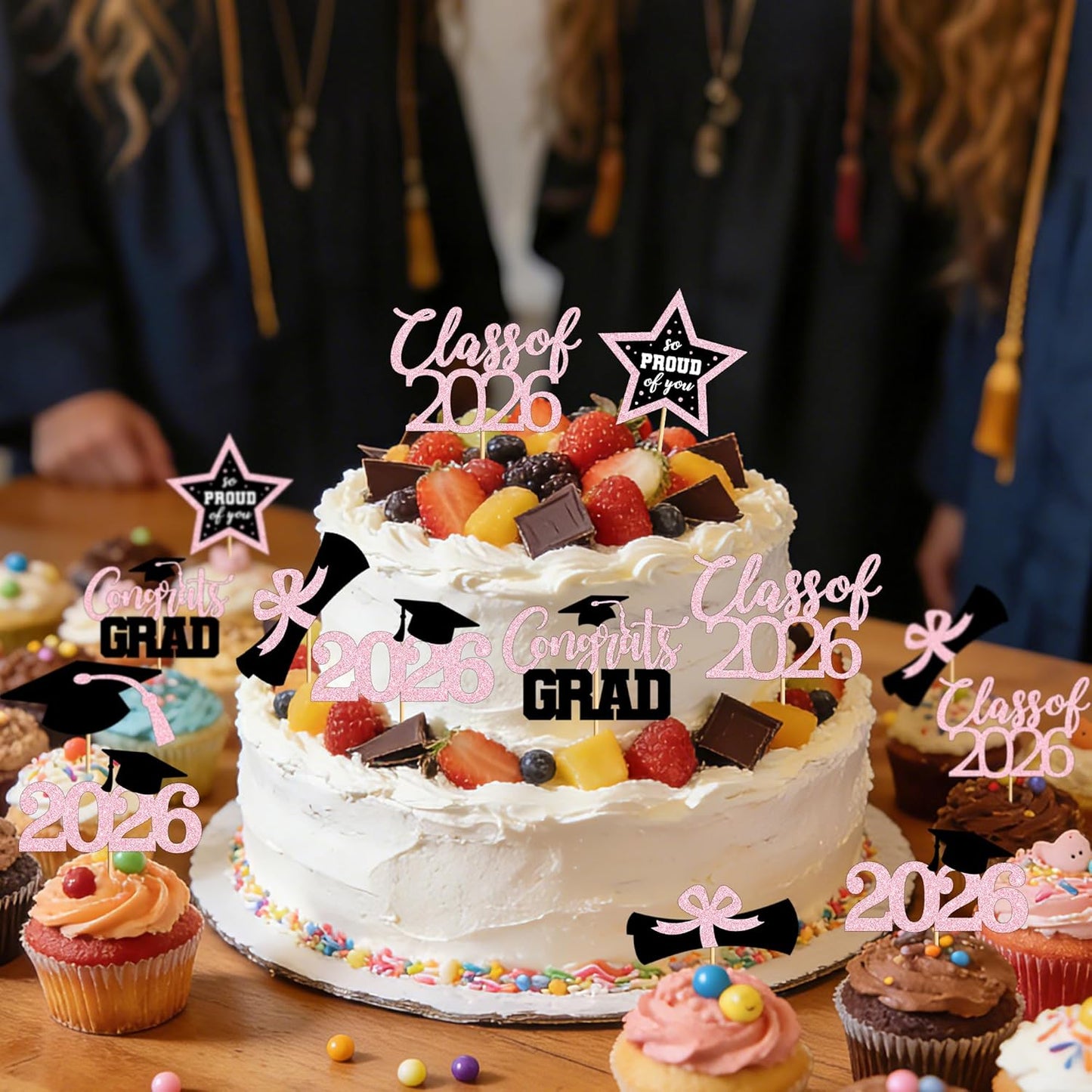 48 PCS Graduation Cupcake Toppers, Glittery 6 Styles Congrats Grad Cake Topper, Black and Red Graduation Decorations 2026, Cap and Diploma Cake Picks for Grad Party Supplies