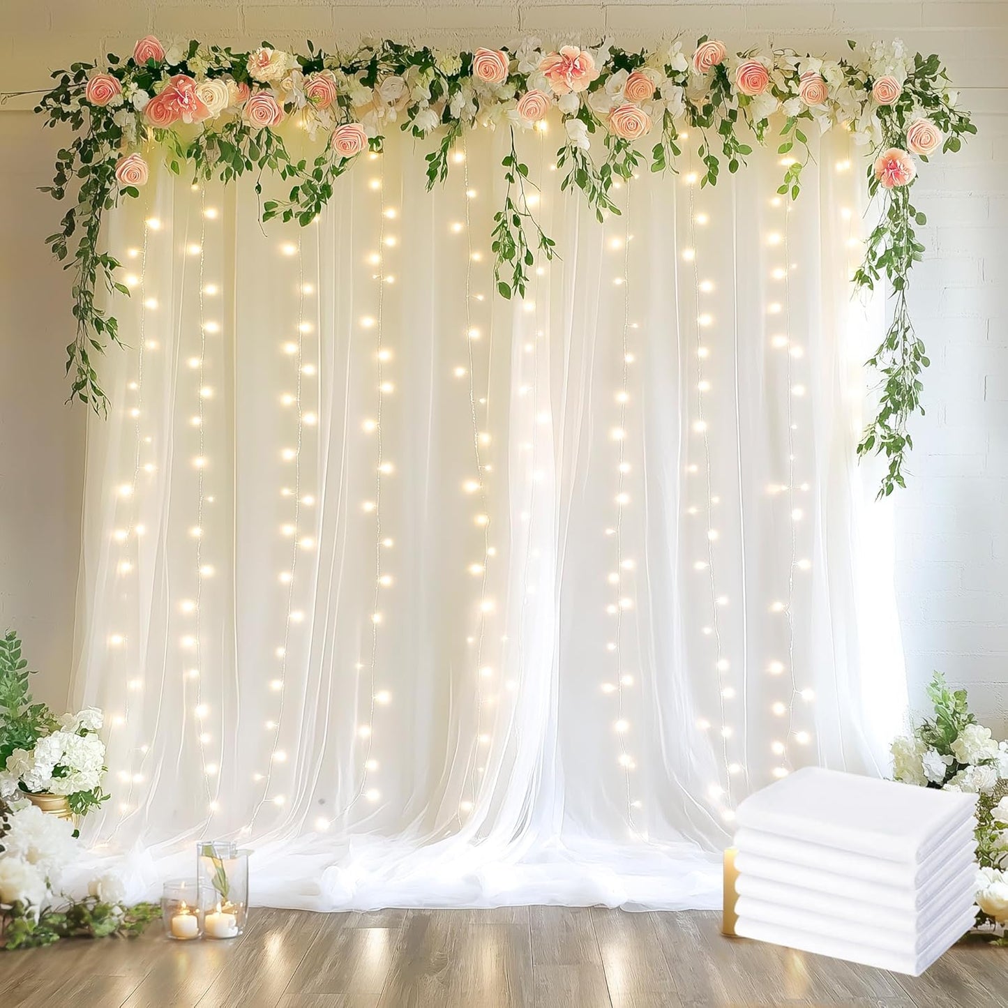 Fomcet Tulle Backdrop Curtains with Lights String White 10FT X 8FT Sheer Curtain with Lights Tulle Curtains Backdrop for Wedding Birthday Party Baby Shower Photo Shoot (2 Panels 5x8FT)