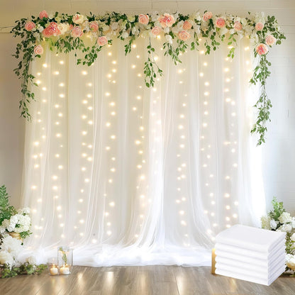Fomcet Tulle Backdrop Curtains with Lights String White 10FT X 8FT Sheer Curtain with Lights Tulle Curtains Backdrop for Wedding Birthday Party Baby Shower Photo Shoot (2 Panels 5x8FT)
