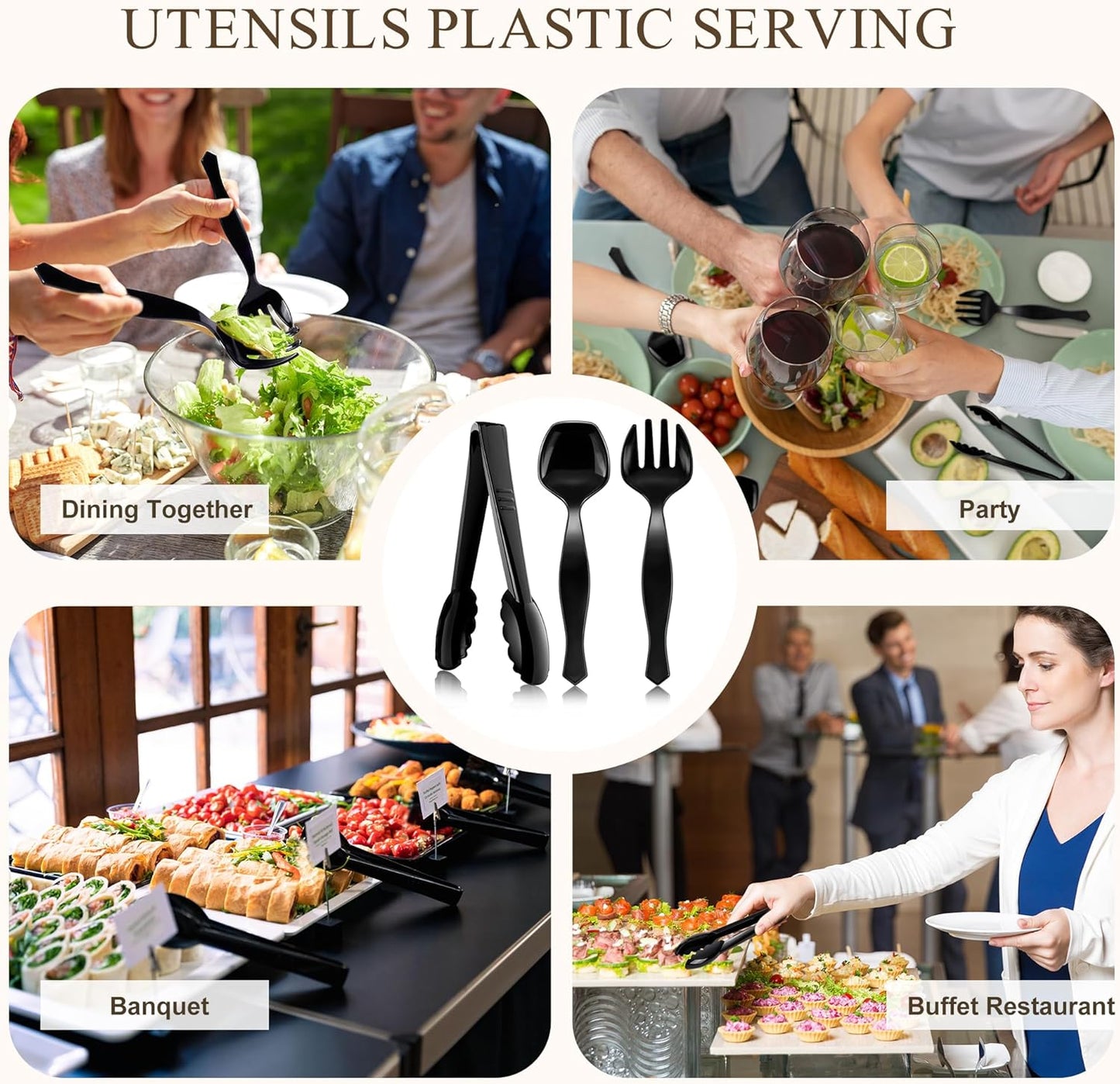 Disposable Plastic Serving Utensils Set (Black, 36 Pcs)