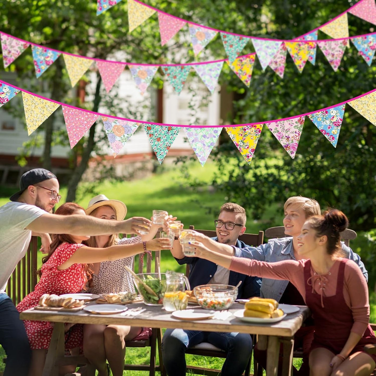 jijAcraft 39Ft Triangle Bunting Banner, 42Pcs Tea Floral Party Bunting Cotton Fabric Flags Pennant Garlands for Birthday Party, Wedding, Baby Shower, Outdoor and Home Decorations (Pink)