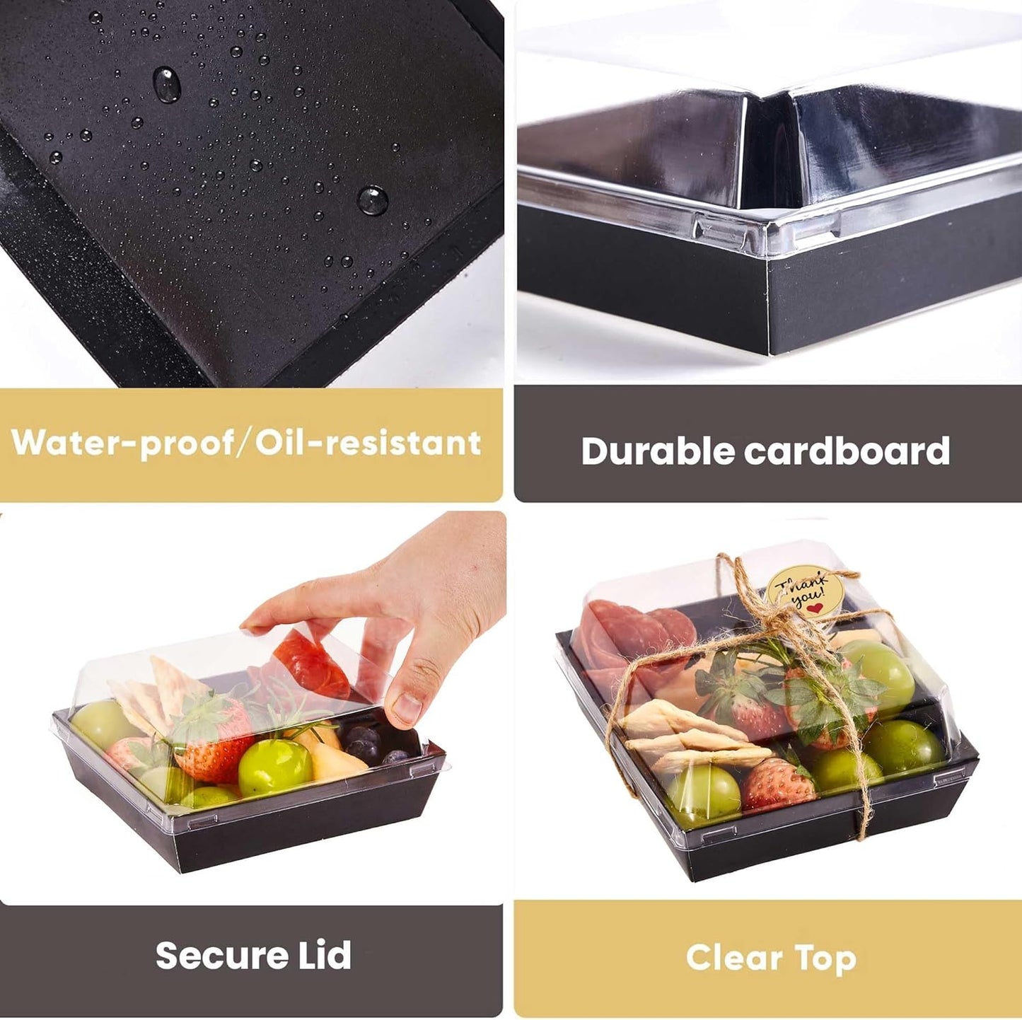 Leafiew 50 Pack Small Charcuterie Boxes with Clear Lids - To Go Paper Mini Charcuterie Box, Disposable Food Containers, 5Inch Dessert Boxes - Sandwich, Cookie, Sushi, Cake Slice, Strawberries (Brown)
