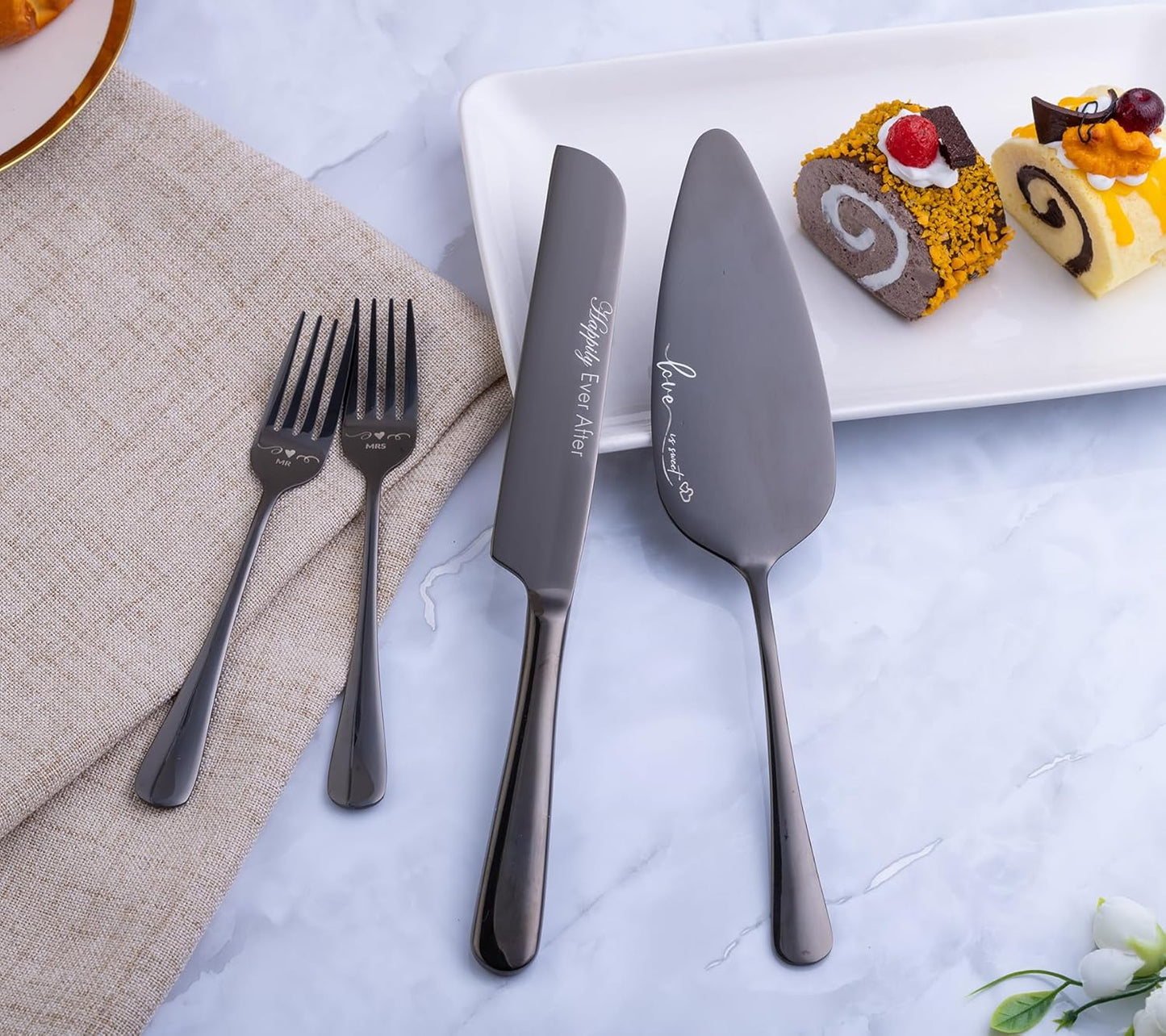 Wedding Cake Knife and Server Set with Forks, Engraved Cake Cutting Set for Wedding Anniversary Christmas Engagement（Gold