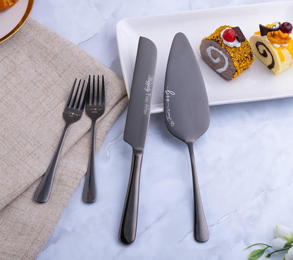 Wedding Cake Knife and Server Set with Forks, Engraved Cake Cutting Set for Wedding Anniversary Christmas Engagement（Gold