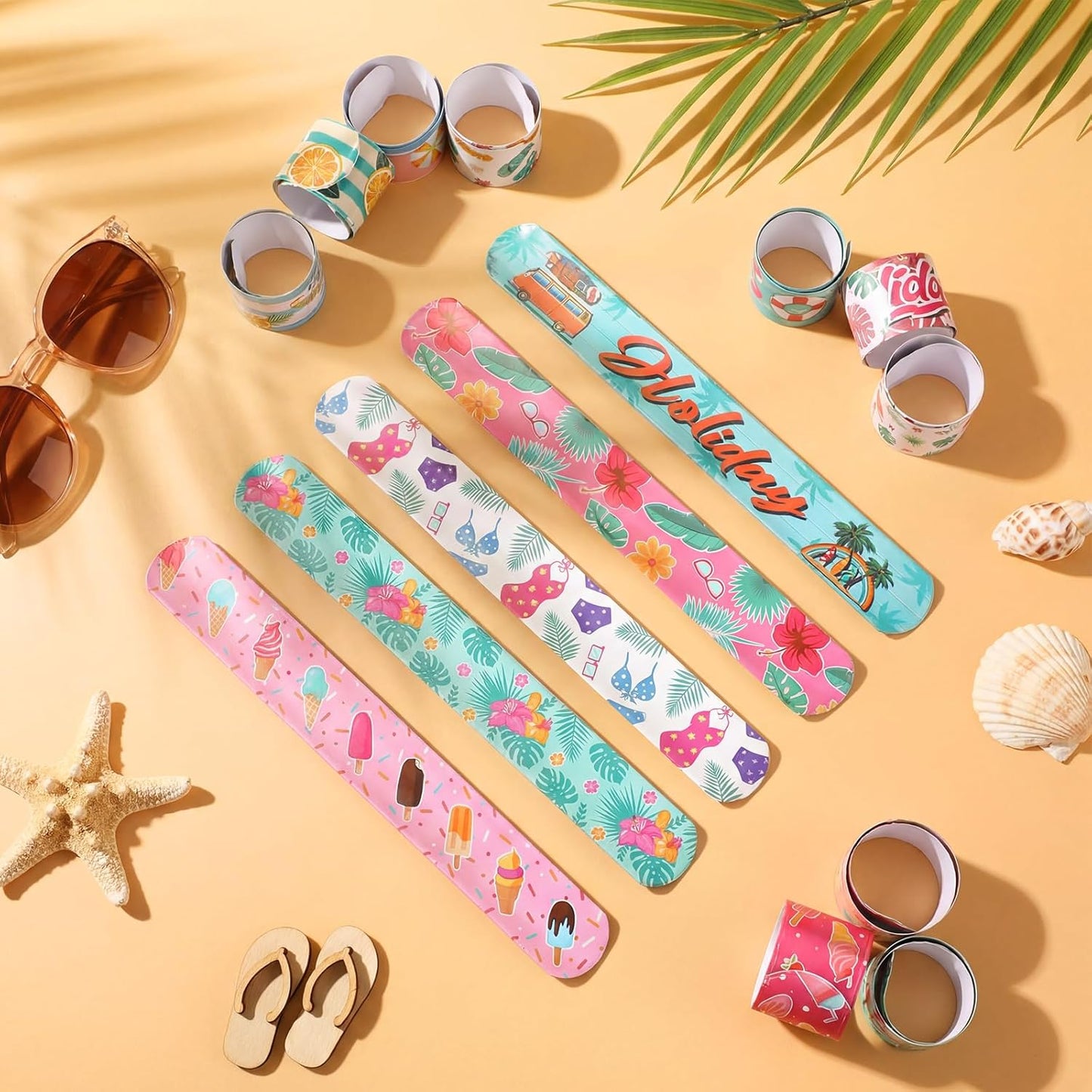 200 Pcs Summer Slap Bracelets Bulk Hawaiian Theme Slap Bracelets Beach Ocean Theme Snap Wristband Tropical Luau Party Favors for Birthday Classroom Prizes Exchanging Gifts
