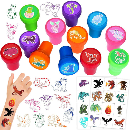 36PCS Dragon Party Favors - 24PCS Pre-Cut Temporary Tattoos & 12PCS Stamps - Ideal Magic Dragon Themed Birthday Card Decorations Supplies Goodie Bag Baby Shower Kids Gifts Classroom Rewards Prizes