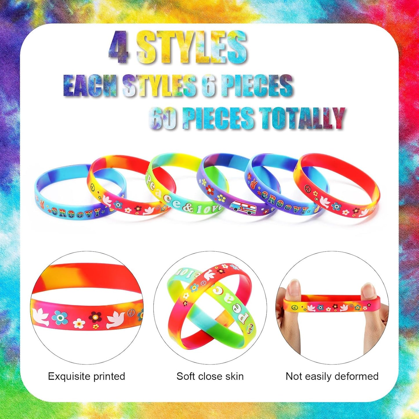 24 Pcs 60's Hippy Retro Groovy Silicone Bracelets Wristbands Party Decoration Peace Love 60's Hippy Favor for 60s Hippie Groovy Party Supplies