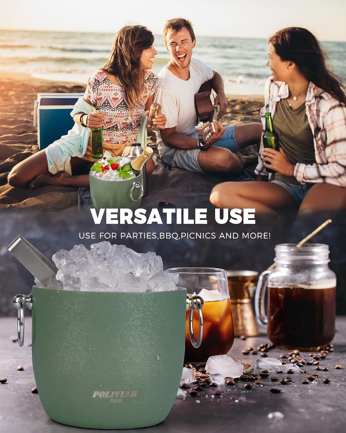 POLIVIAR Ice Bucket, 2.5L Double Wall Ice Bucket with Lid, Stainless Steel Ice Bucket with Tong & Strainer, Ice Bucket for Cocktail Bar, Home & Parties, JX2023-IBLU