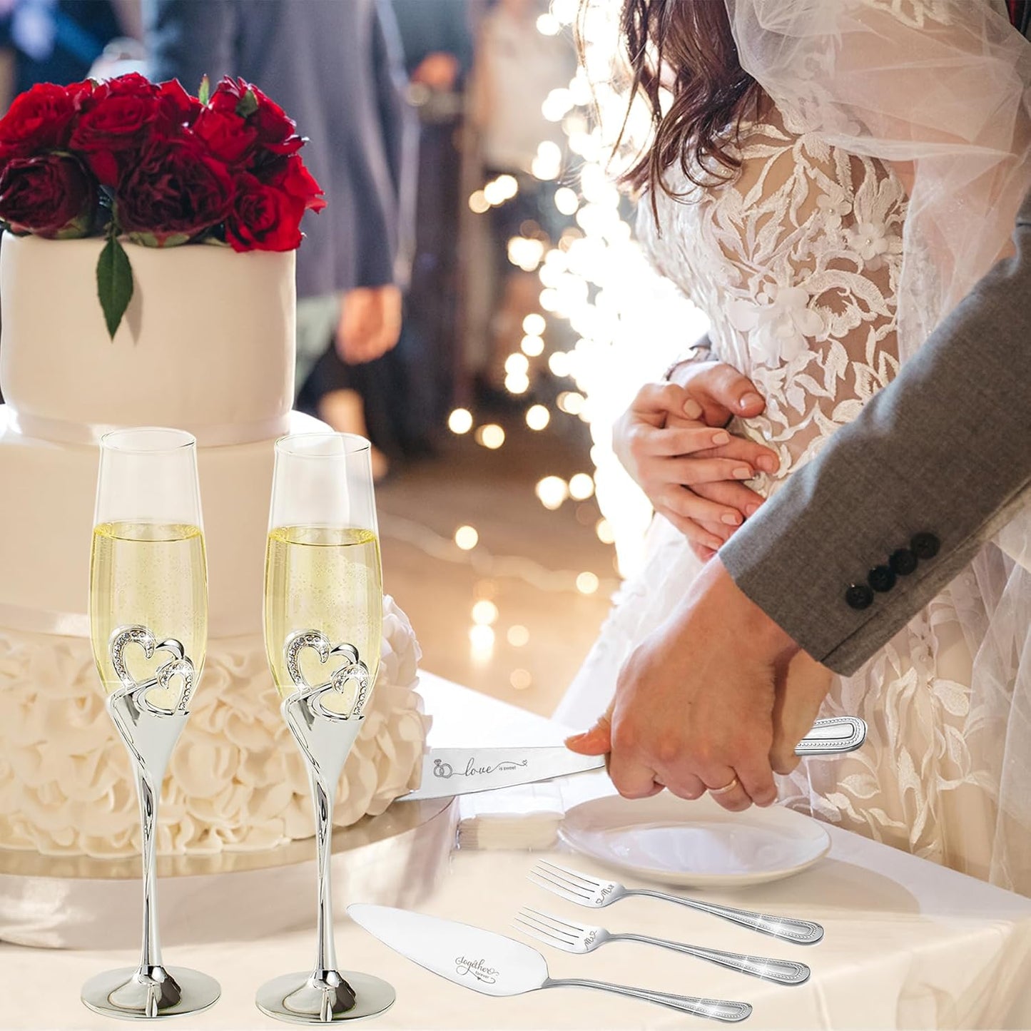 Wedding Cake Knife and Server Set with Forks, Classical Style Champagne Flutes Toasting Glasses for Bride and Groom, Wedding Gifts for Couples, Bridal Shower Gifts