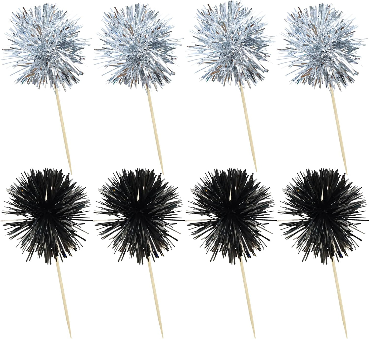 Ephlyn 30Pcs Foil Firework Cupcake Toppers Sparkle Tinsel Cupcake Picks Drink Stirrers Cocktail Food Fruit Toothpicks for Baby Shower Graduation Party Supplies White