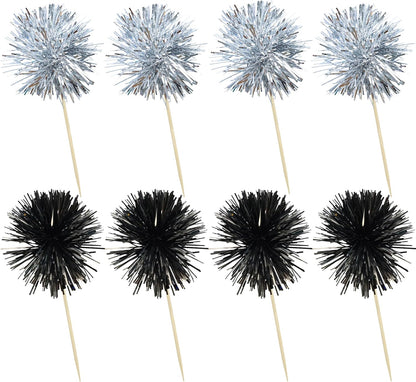 Ephlyn 30Pcs Foil Firework Cupcake Toppers Sparkle Tinsel Cupcake Picks Drink Stirrers Cocktail Food Fruit Toothpicks for Baby Shower Graduation Party Supplies White